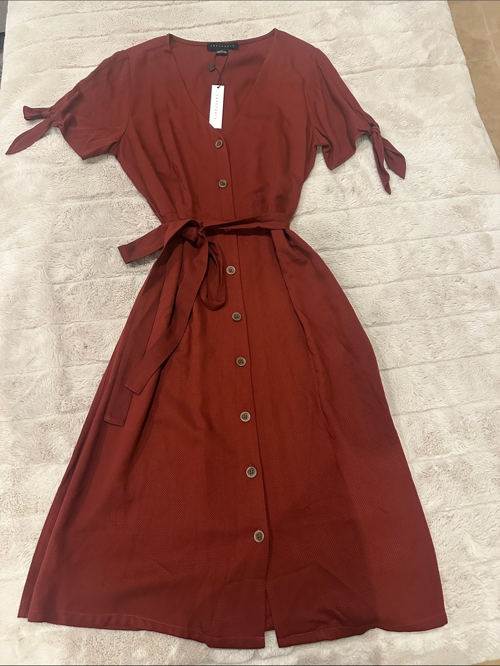 Sanctuary Rust Button-Front Midi Dress with Tie Waist